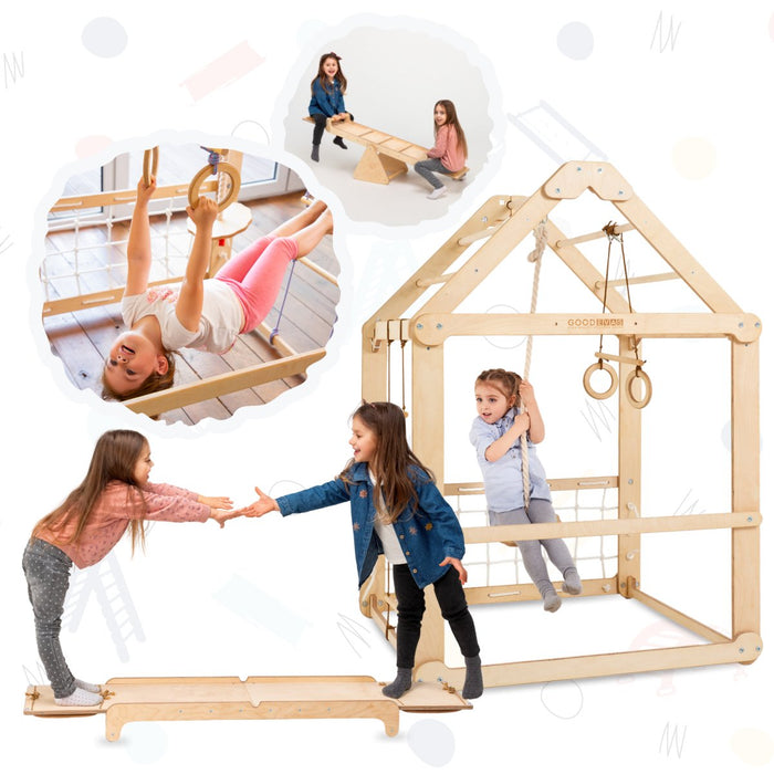 3in1 Wooden Playhouse with Swings and Seesaw