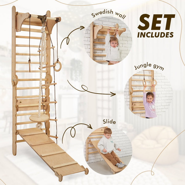 3in1 Wooden Swedish Wall / Climbing ladder for Children + Swing Set + Slide Board