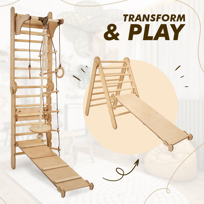 4in1 Climbing Set: Wooden Swedish Wall + Swing Set + Slide Board + Triangle Ladder