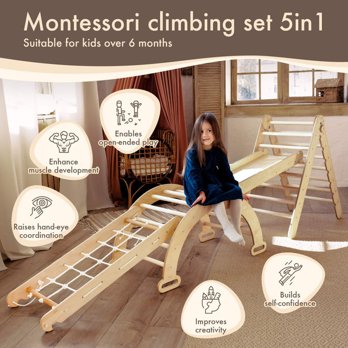 4in1 Montessori Climbing Set: Triangle Ladder + Arch/Rocker + Slide Board/Ramp + Climbing Net – Beige