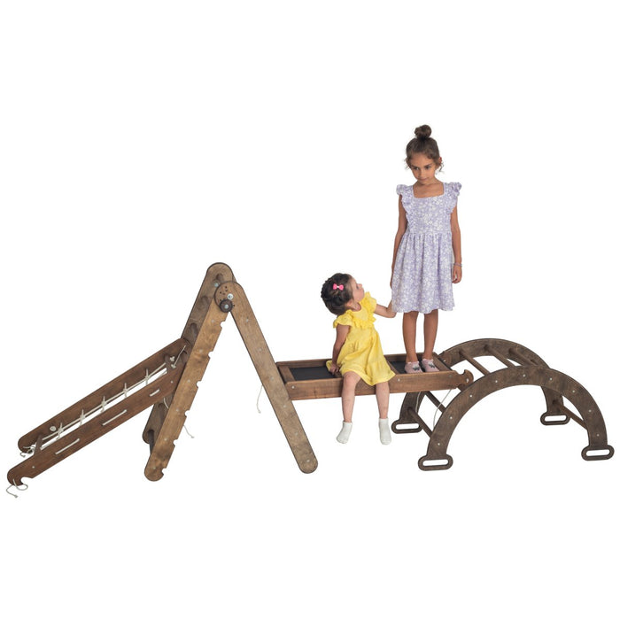 4in1 Montessori Climbing Set: Triangle Ladder + Arch/Rocker + Slide Board/Ramp + Climbing Net – Beige