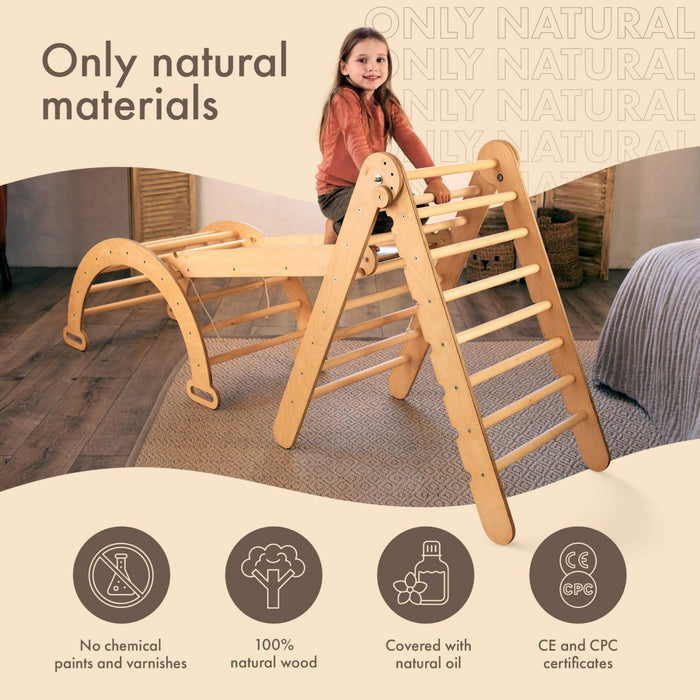 4in1 Montessori Climbing Set: Triangle Ladder + Arch/Rocker + Slide Board/Ramp + Climbing Net – Beige