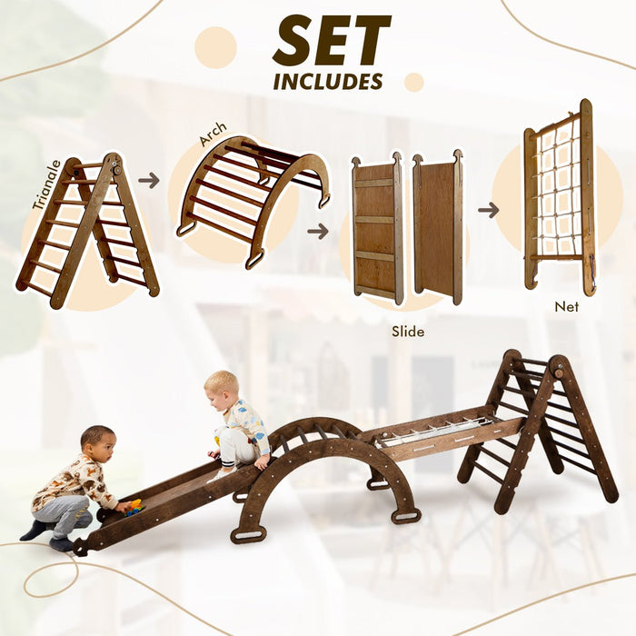 4in1 Montessori Climbing Set: Triangle Ladder + Arch/Rocker + Slide Board/Ramp + Net – Chocolate