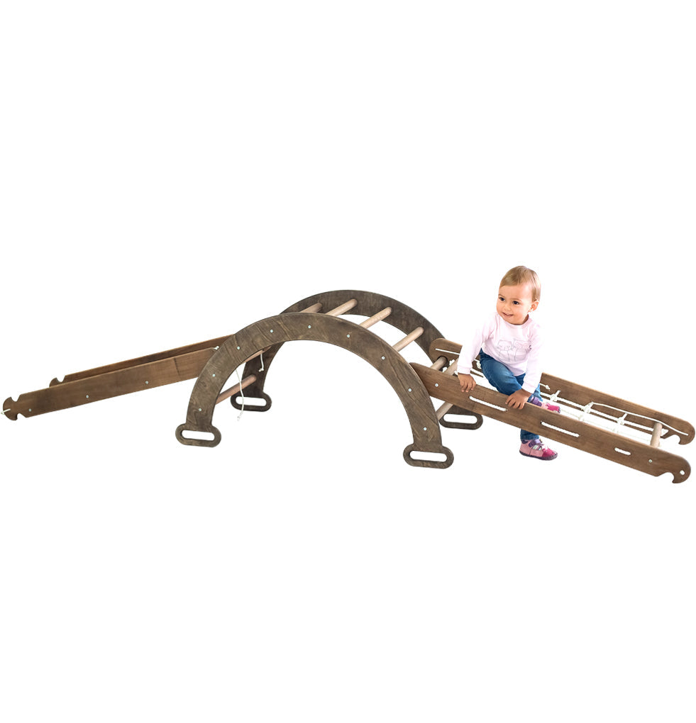 3in1 Montessori Climbing Set: Triangle Ladder + Arch/Rocker Balance + Slide  Board – Chocolate